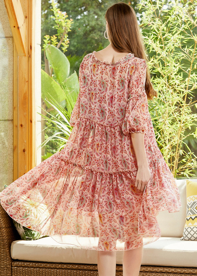 Red Print Chiffon A Line Dresses V Neck Lantern Sleeve LY0338 - fabuloryshop