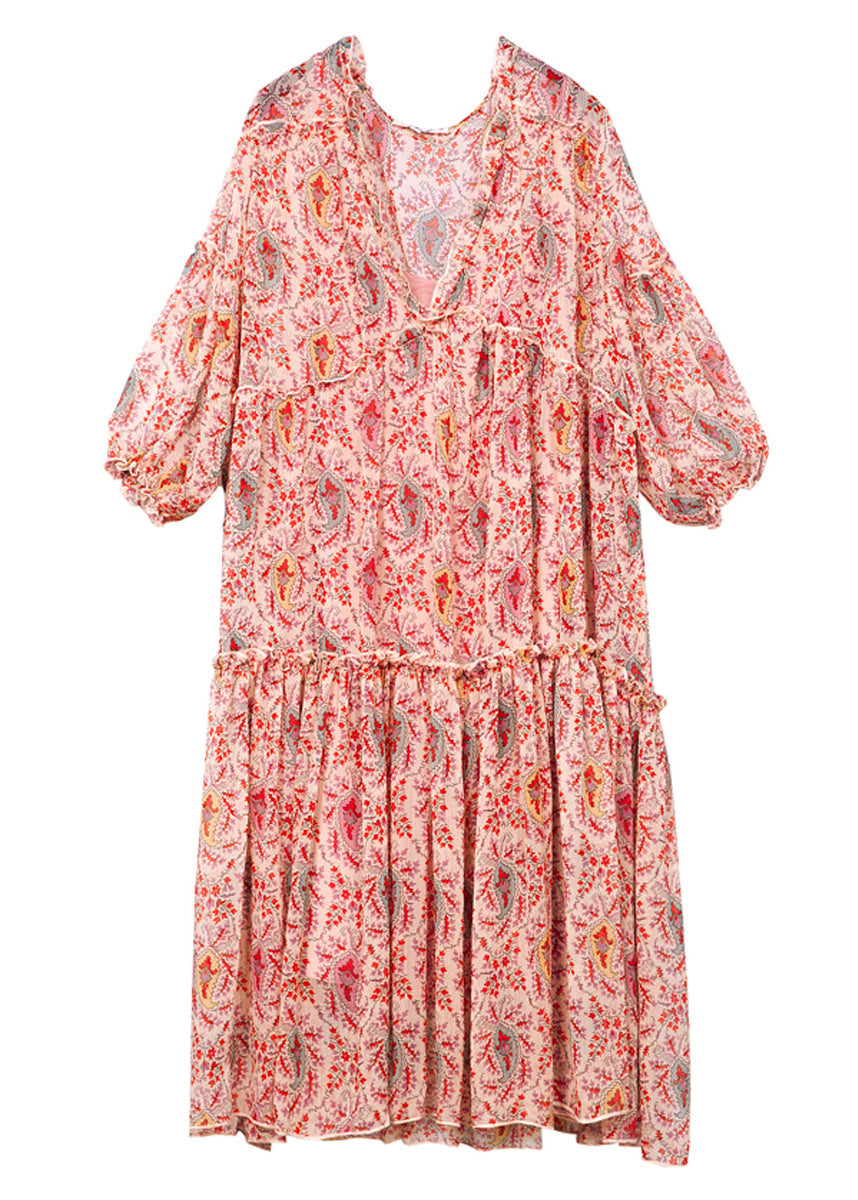 Red Print Chiffon A Line Dresses V Neck Lantern Sleeve LY0338 - fabuloryshop