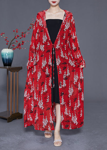 Red Print Chiffon Long Cardigan Hooded Tie Waist Summer LY2403 - fabuloryshop