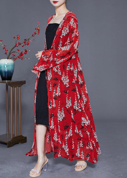 Red Print Chiffon Long Cardigan Hooded Tie Waist Summer LY2403 - fabuloryshop