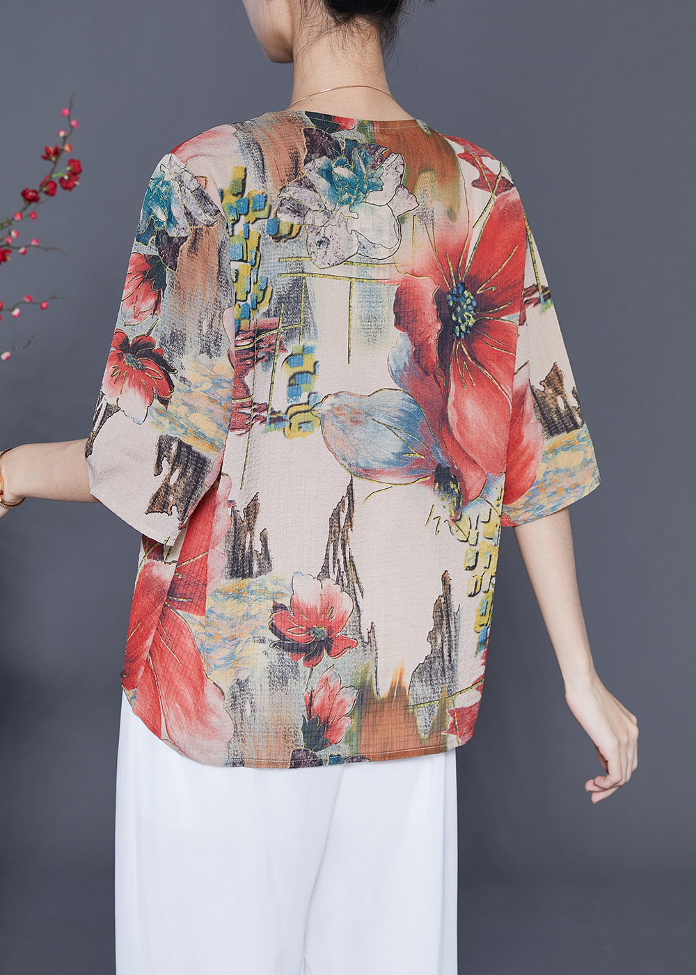 Red Print Chiffon Shirts Oversized Tassel Half Sleeve LY5403 - fabuloryshop