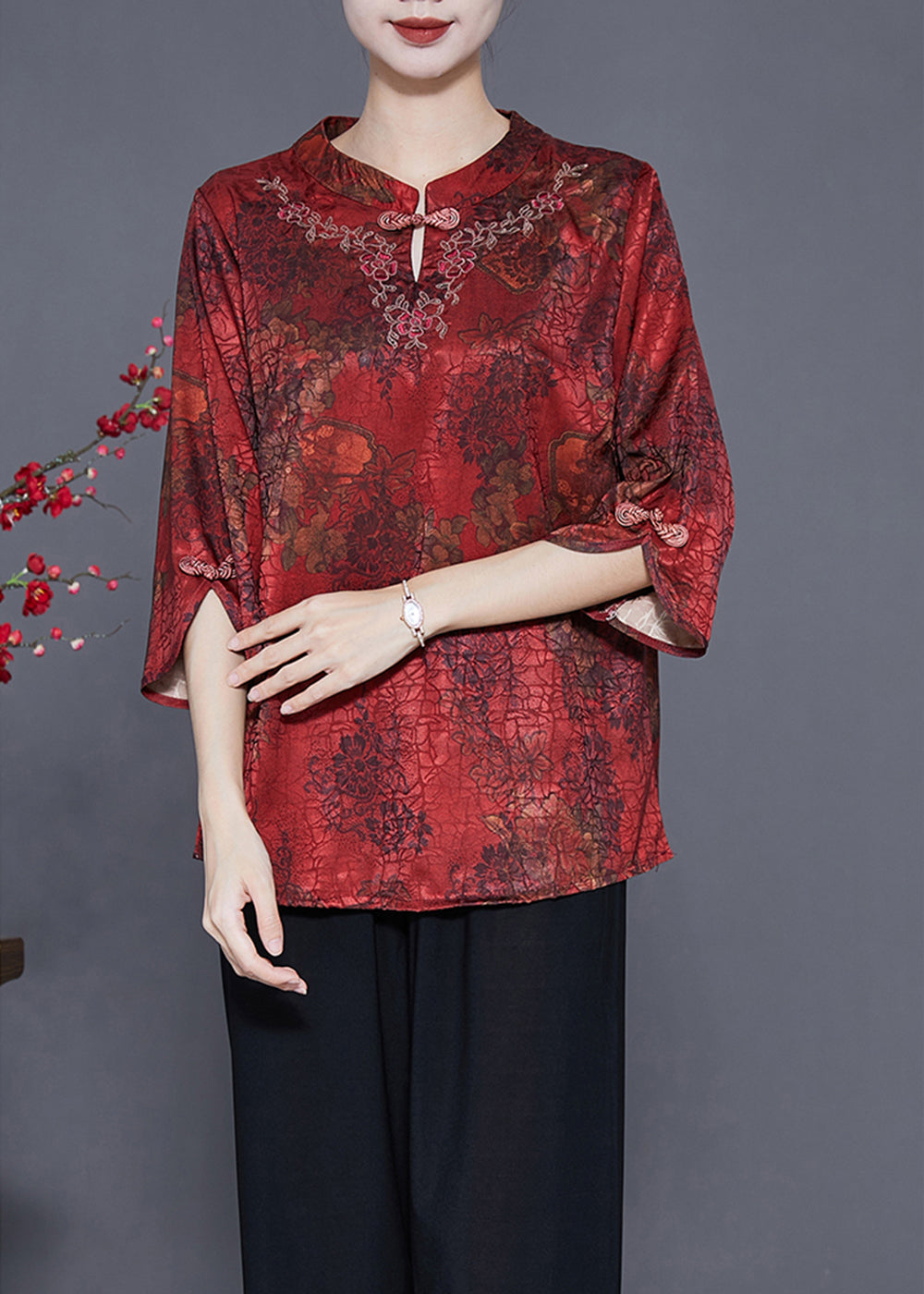 Red Print Chinese Style Silk Shirt Top Chinese Button Craquelure Summer LY3639 - fabuloryshop