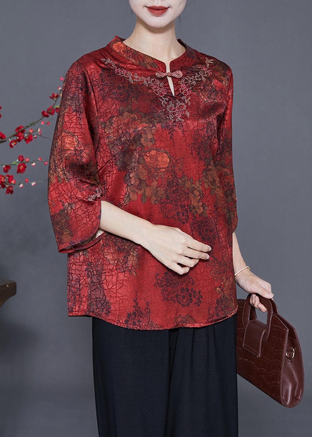 Red Print Chinese Style Silk Shirt Top Chinese Button Craquelure Summer LY3639 - fabuloryshop