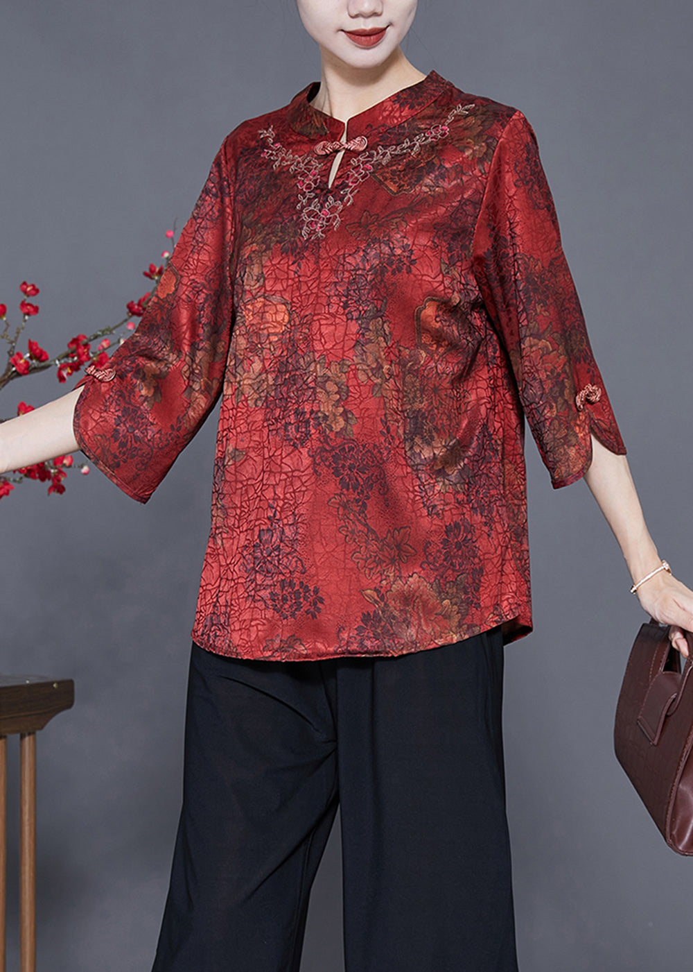 Red Print Chinese Style Silk Shirt Top Chinese Button Craquelure Summer LY3639 - fabuloryshop