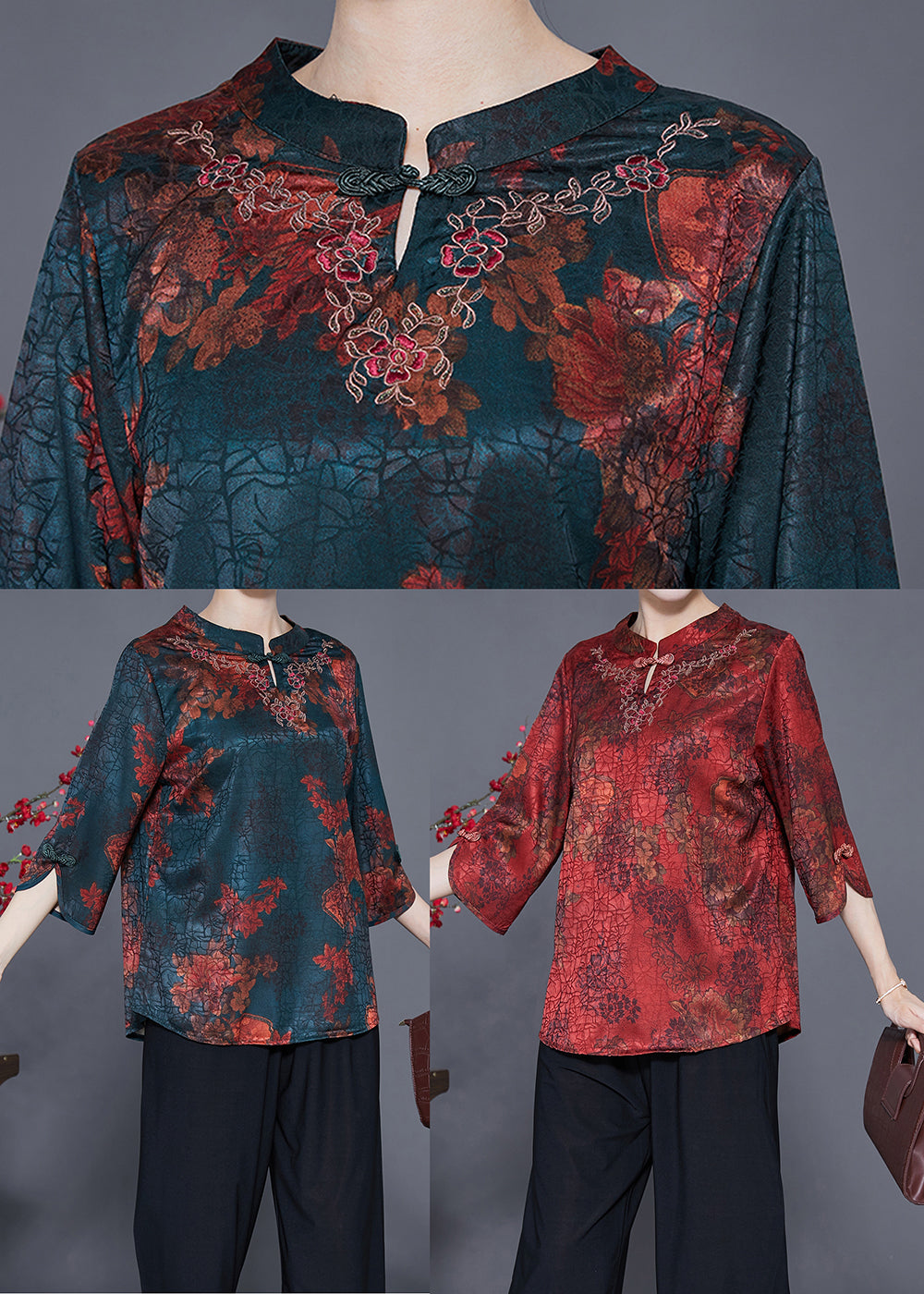 Red Print Chinese Style Silk Shirt Top Chinese Button Craquelure Summer LY3639 - fabuloryshop