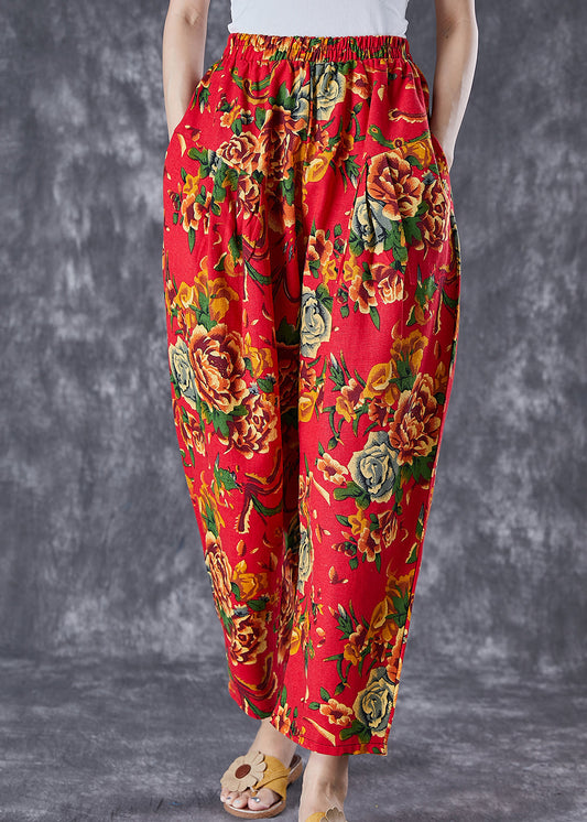 Red Print Cotton Harem Pants Oversized Elastic Waist Summer Ada Fashion