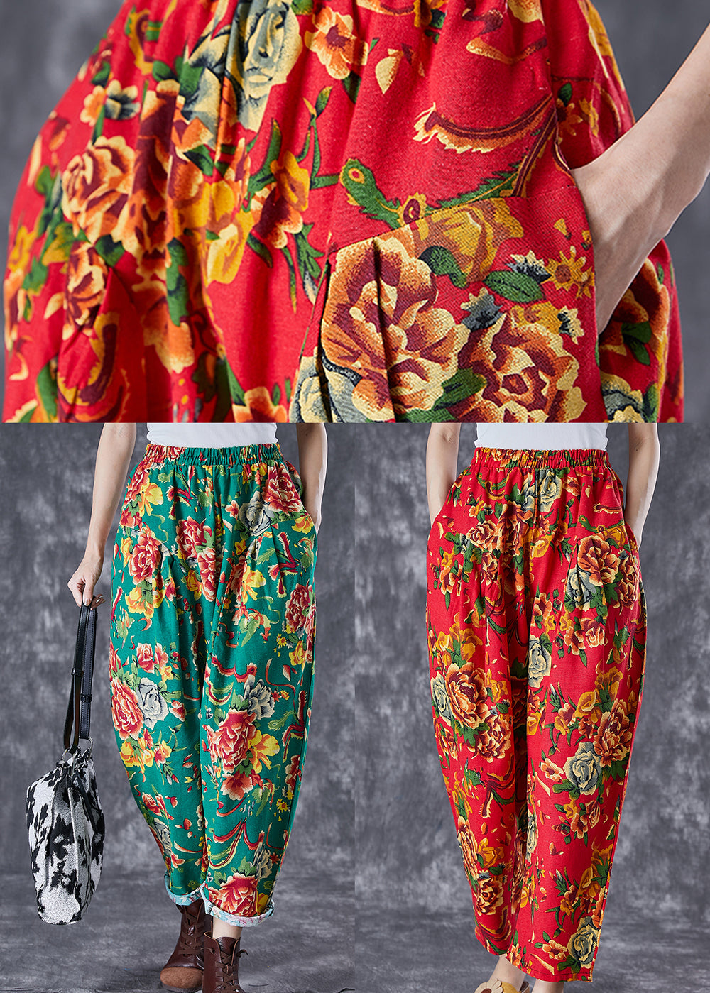 Red Print Cotton Harem Pants Oversized Elastic Waist Summer Ada Fashion