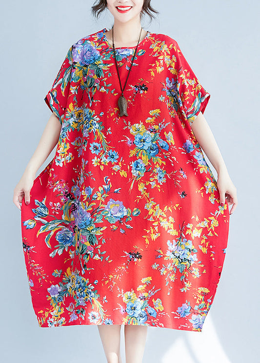 Red Print Cotton Long Dress Oversized Pockets Summer LY0907 - fabuloryshop