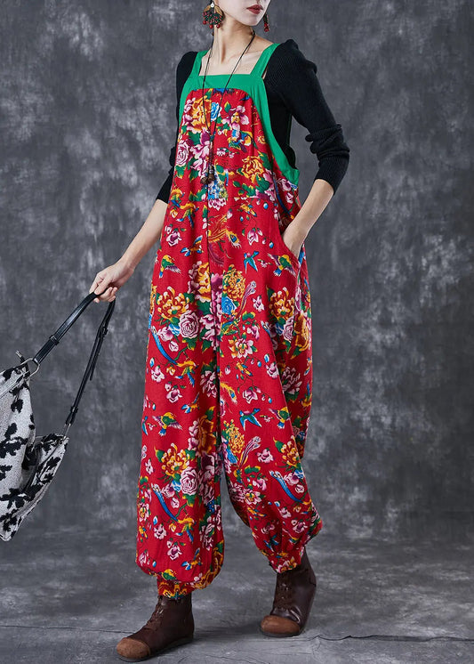 Red Print Cotton Overalls Jumpsuit Wear On Both Sides Fall Ada Fashion