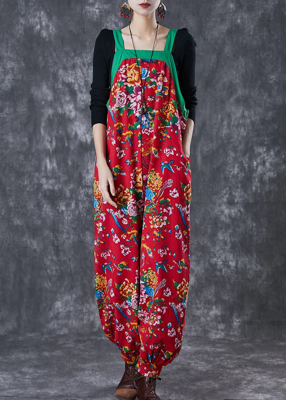 Red Print Cotton Overalls Jumpsuit Wear On Both Sides Fall Ada Fashion