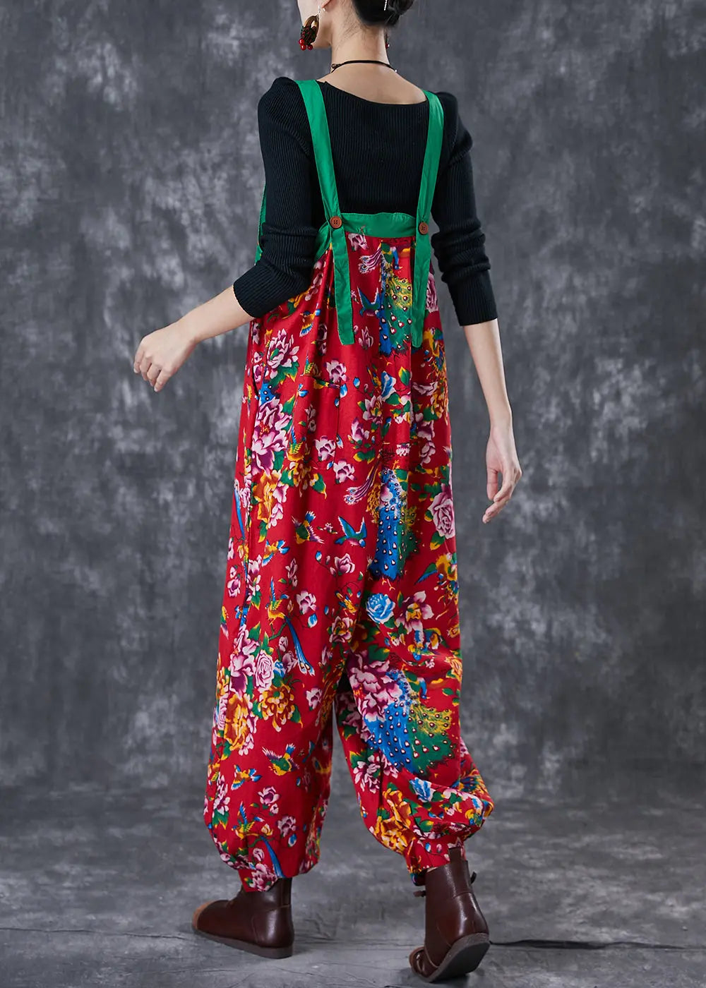 Red Print Cotton Overalls Jumpsuit Wear On Both Sides Fall Ada Fashion