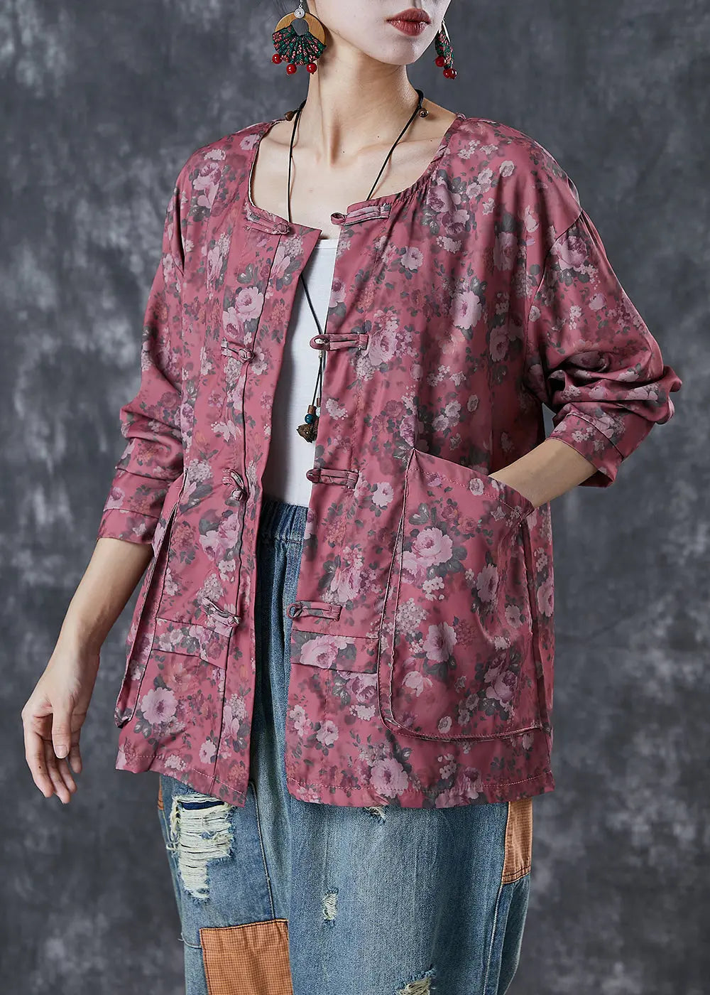 Red Print Cotton Shirt Tops Oversized Chinese Button Fall Ada Fashion