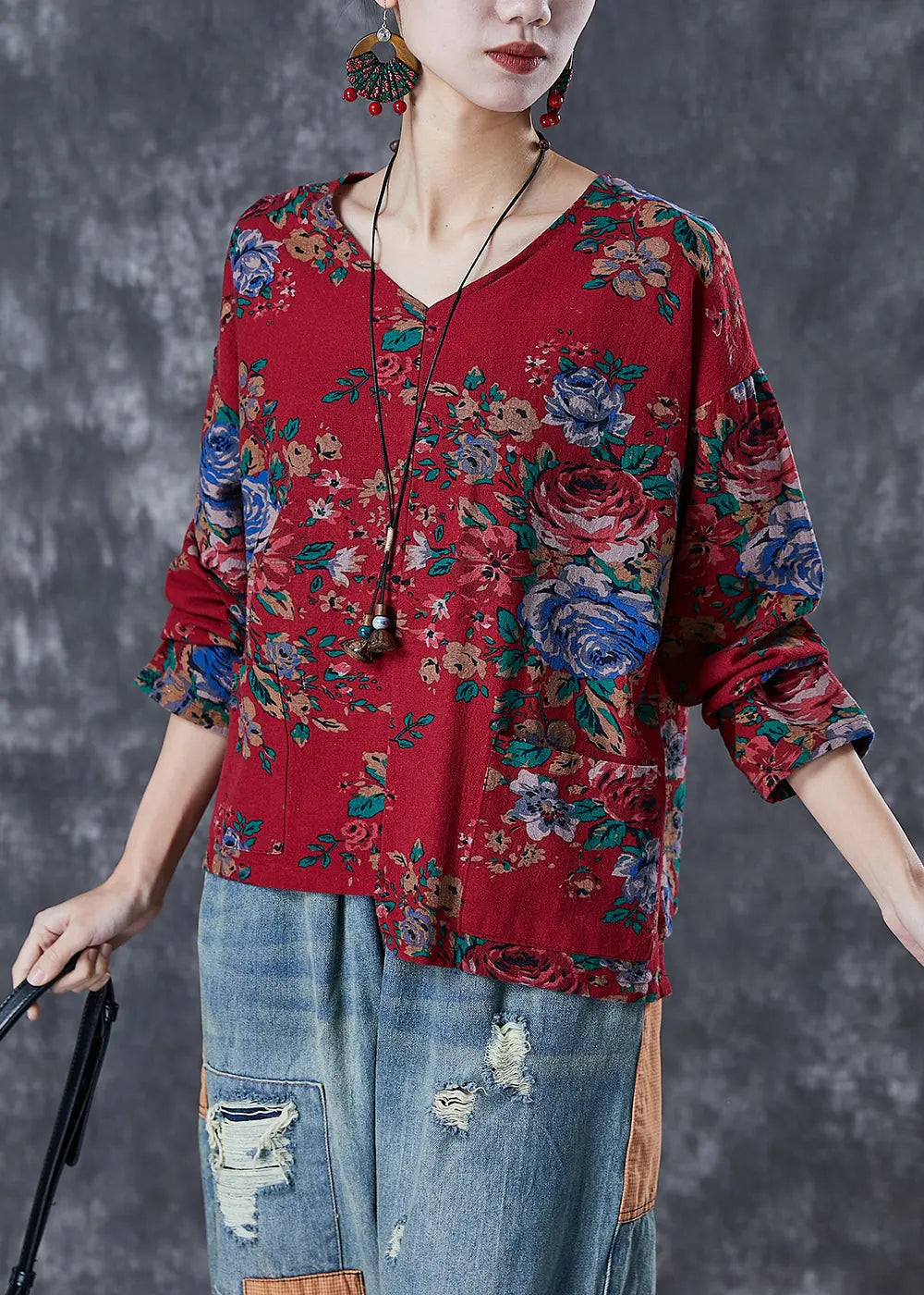 Red Print Linen Blouse Top Asymmetrical Design Fall Ada Fashion