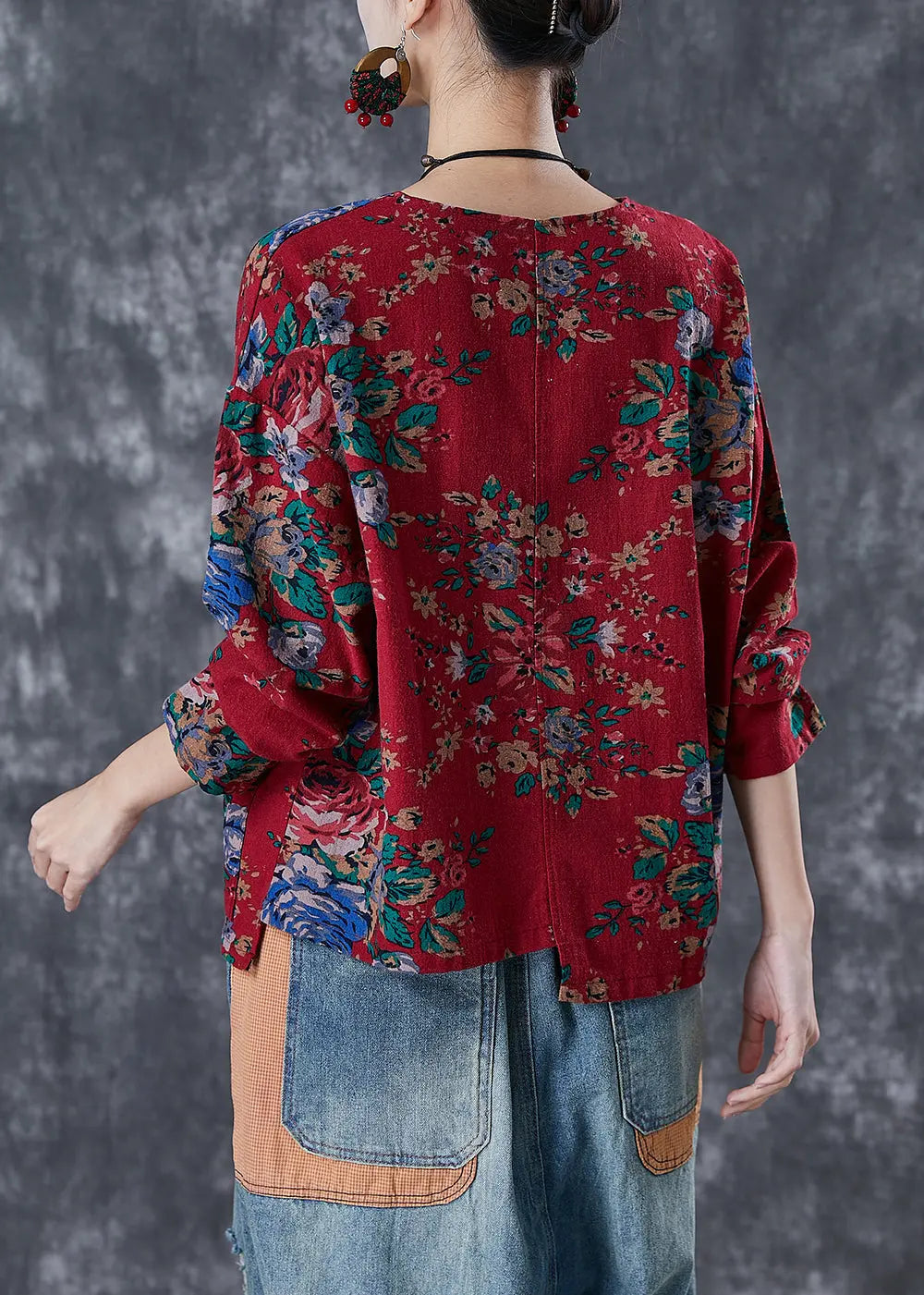 Red Print Linen Blouse Top Asymmetrical Design Fall Ada Fashion