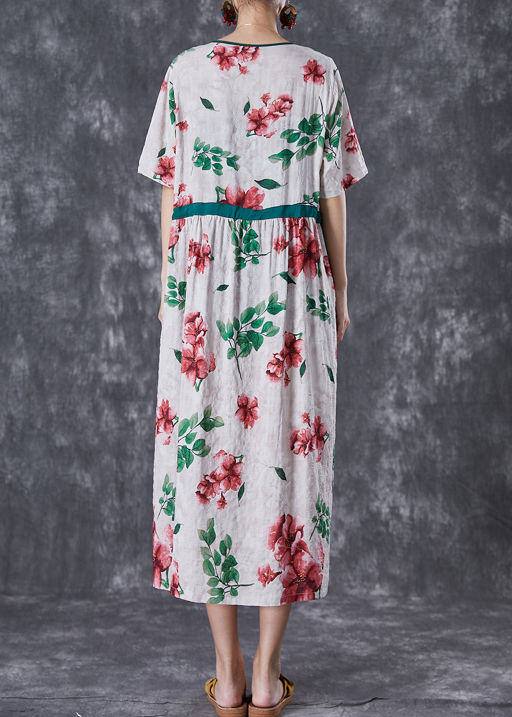 Red Print Linen Silk Long Dress V Neck Cinched Summer TD1016 - fabuloryshop