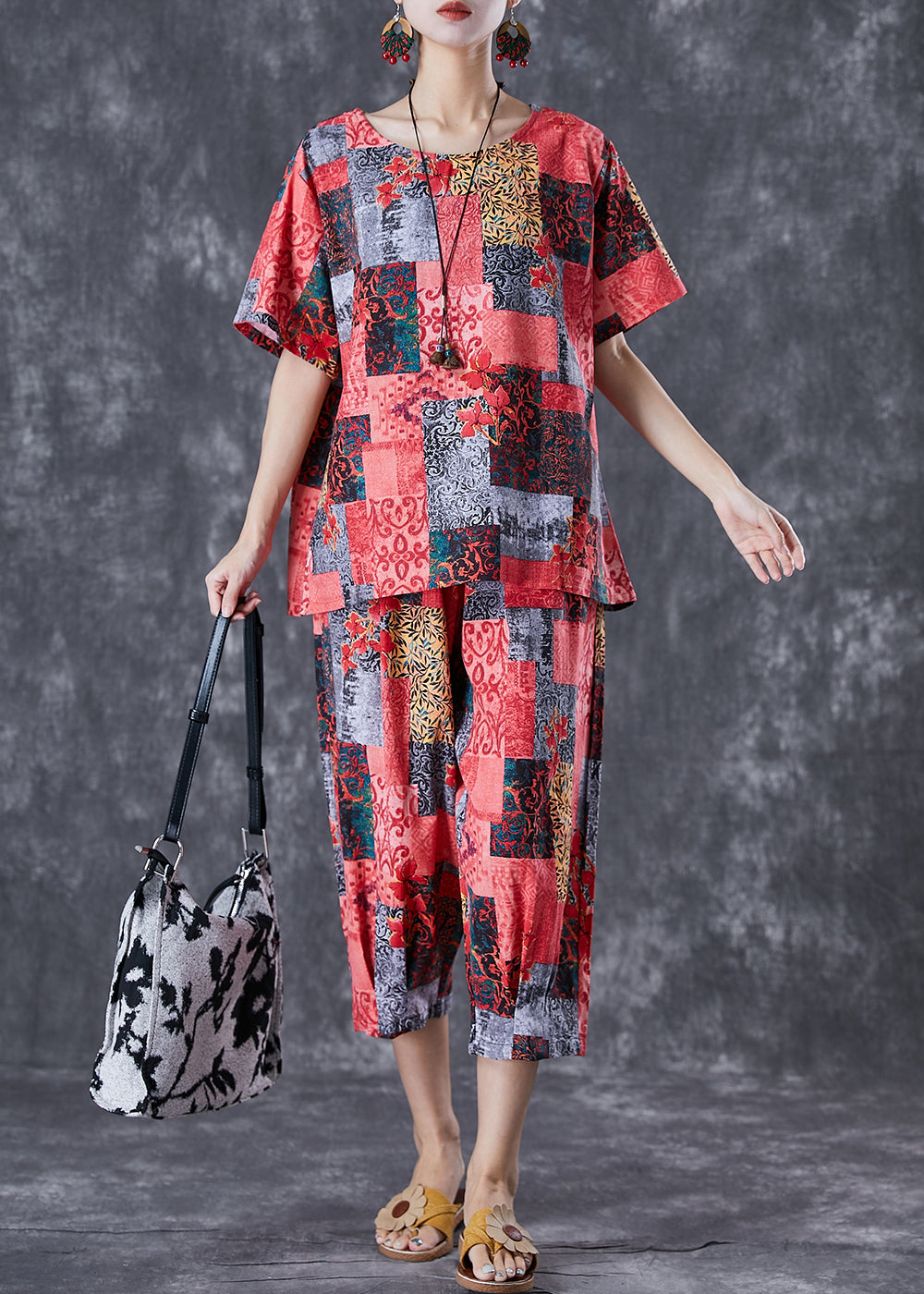 Red Print Linen Two Pieces Set Oversized Summer TD1013 - fabuloryshop