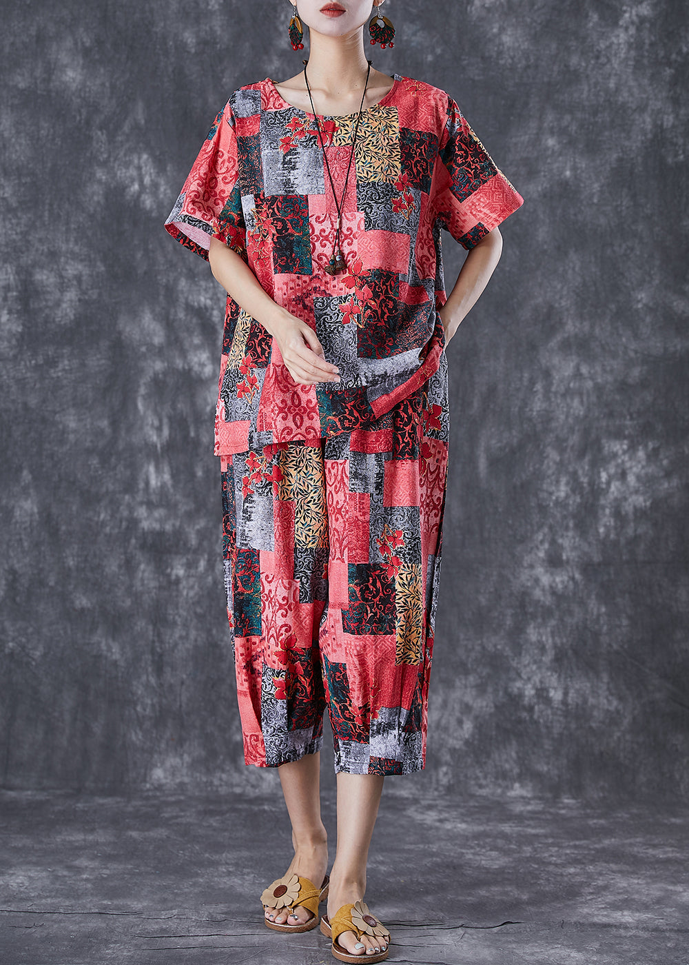 Red Print Linen Two Pieces Set Oversized Summer TD1013 - fabuloryshop