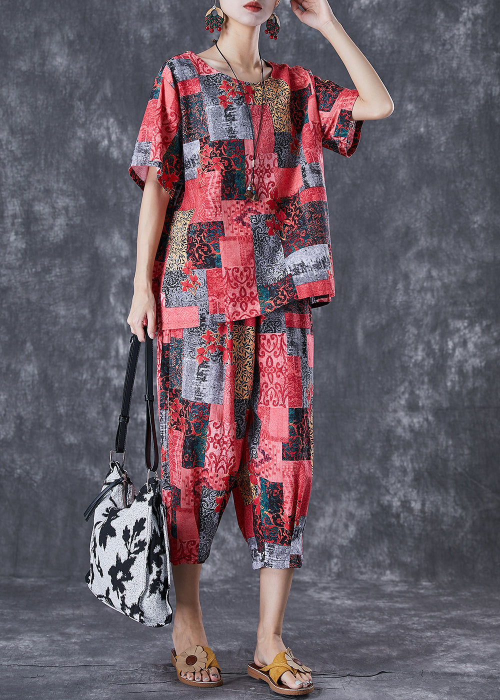 Red Print Linen Two Pieces Set Oversized Summer TD1013 - fabuloryshop