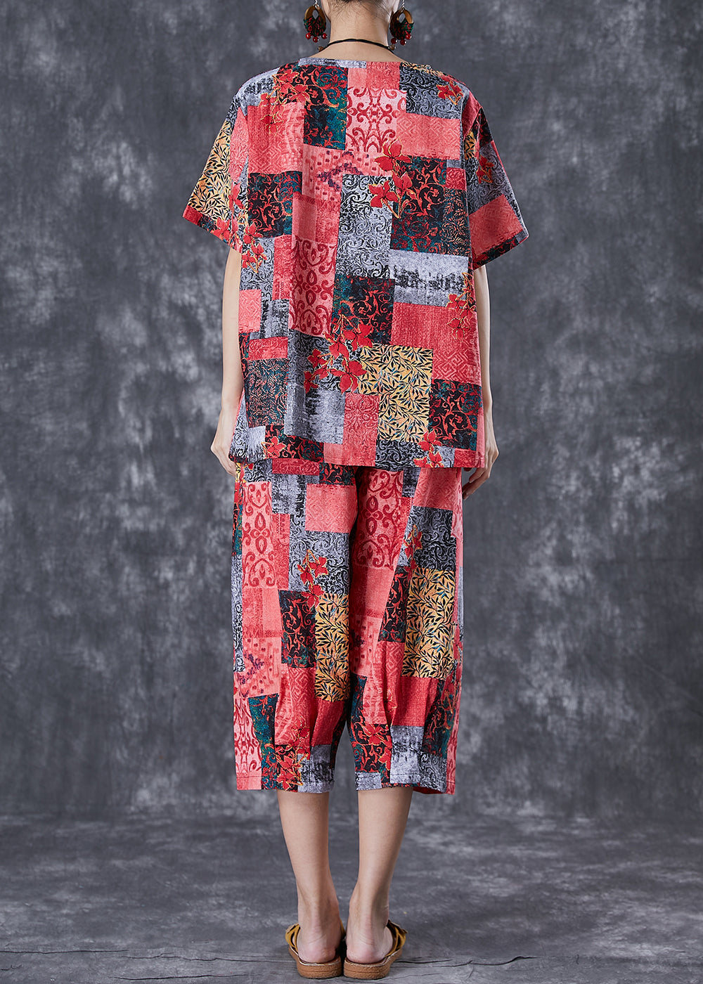 Red Print Linen Two Pieces Set Oversized Summer TD1013 - fabuloryshop