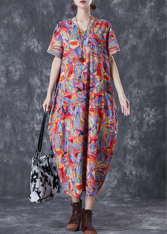 Red Print Loose Linen Holiday Dress Pockets Summer Ada Fashion