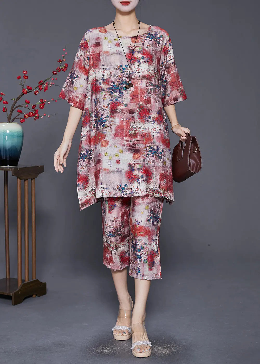 Red Print Loose Linen Silk 2 Piece Outfit Side Open Summer Ada Fashion