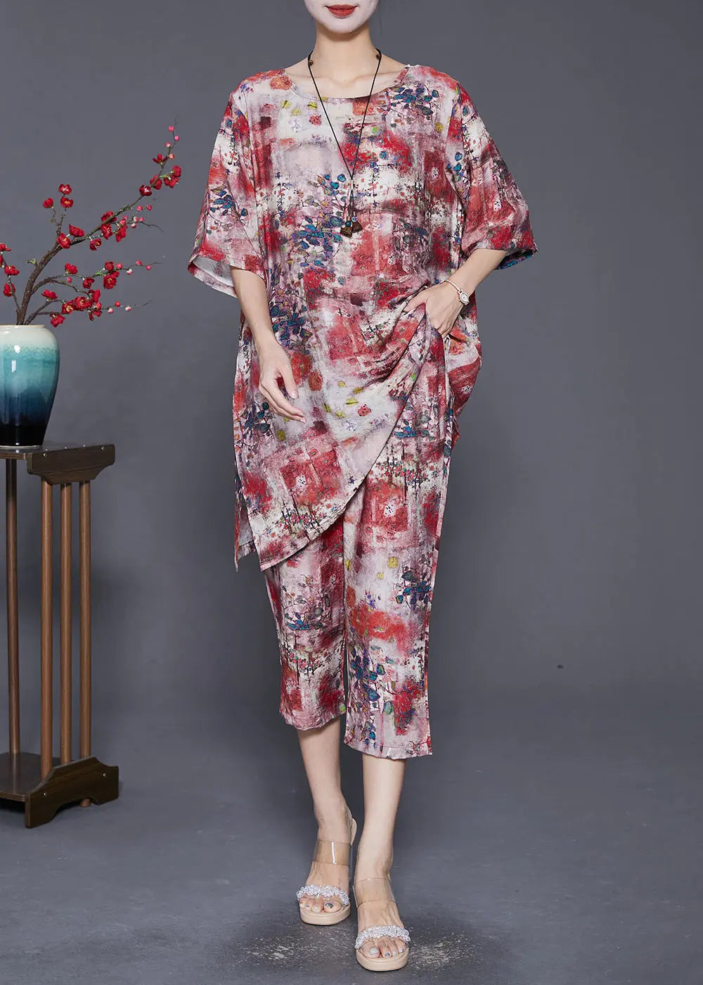 Red Print Loose Linen Silk 2 Piece Outfit Side Open Summer Ada Fashion