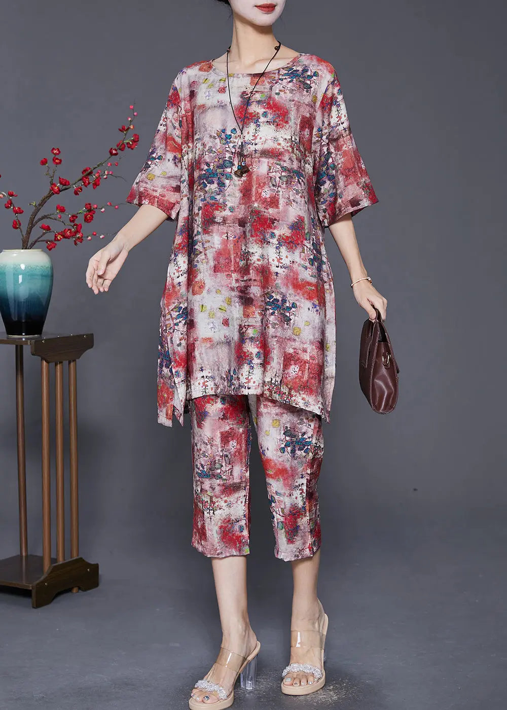 Red Print Loose Linen Silk 2 Piece Outfit Side Open Summer Ada Fashion