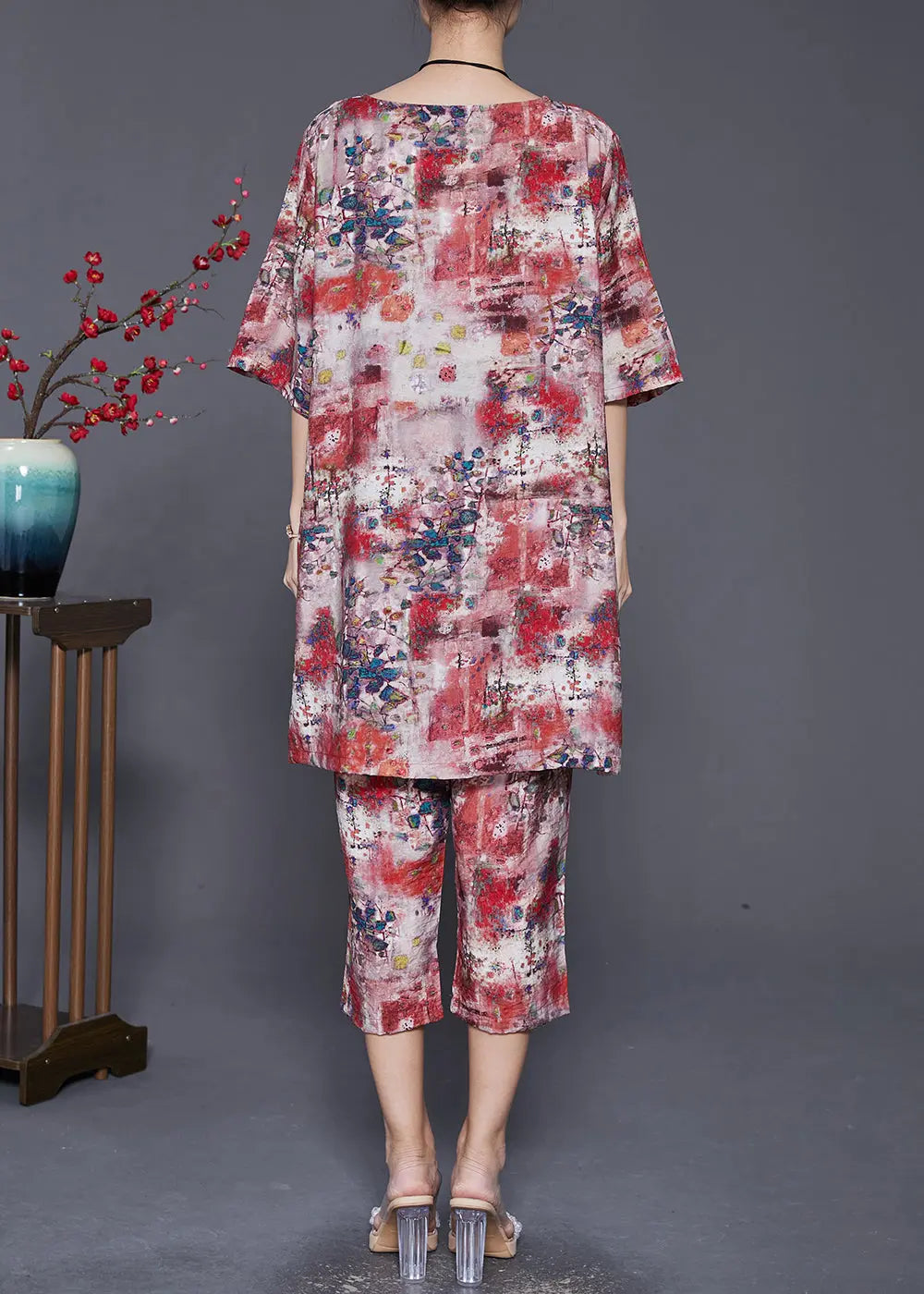 Red Print Loose Linen Silk 2 Piece Outfit Side Open Summer Ada Fashion