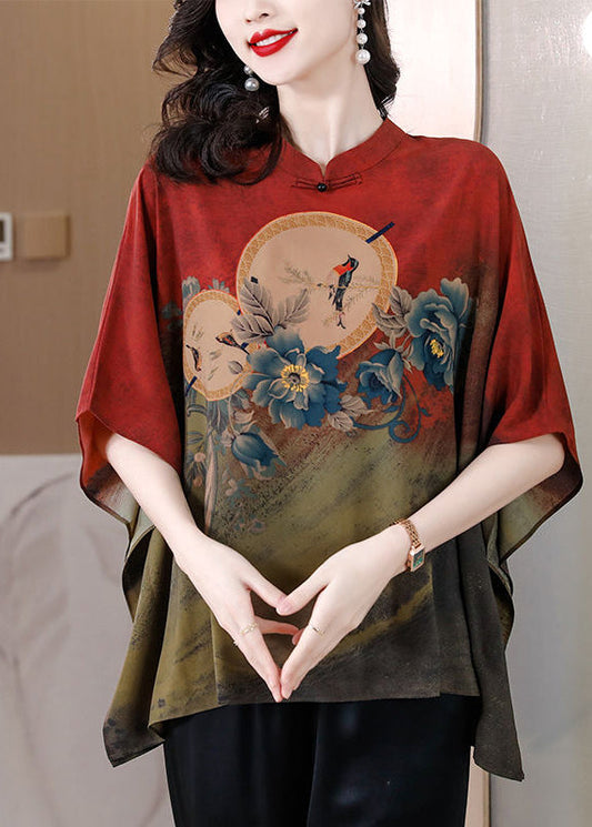 Red Print Loose Silk Blouse Top Mandarin Collar Batwing Sleeve LY3741 - fabuloryshop