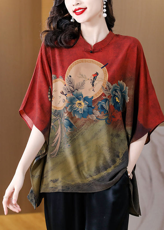 Red Print Loose Silk Blouse Top Mandarin Collar Batwing Sleeve LY3741 - fabuloryshop