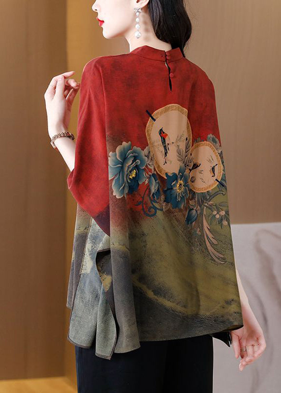 Red Print Loose Silk Blouse Top Mandarin Collar Batwing Sleeve LY3741 - fabuloryshop