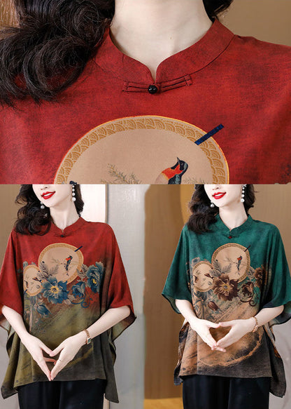 Red Print Loose Silk Blouse Top Mandarin Collar Batwing Sleeve LY3741 - fabuloryshop