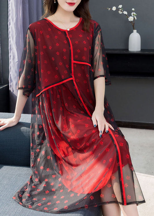 Red Print Patchwork Chiffon Dress O Neck Wrinkled Summer LY6514 - fabuloryshop