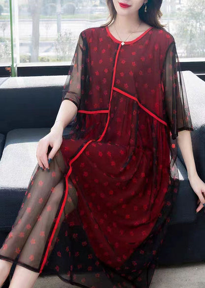 Red Print Patchwork Chiffon Dress O Neck Wrinkled Summer LY6514 - fabuloryshop