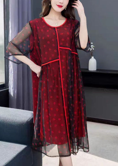 Red Print Patchwork Chiffon Dress O Neck Wrinkled Summer LY6514 - fabuloryshop