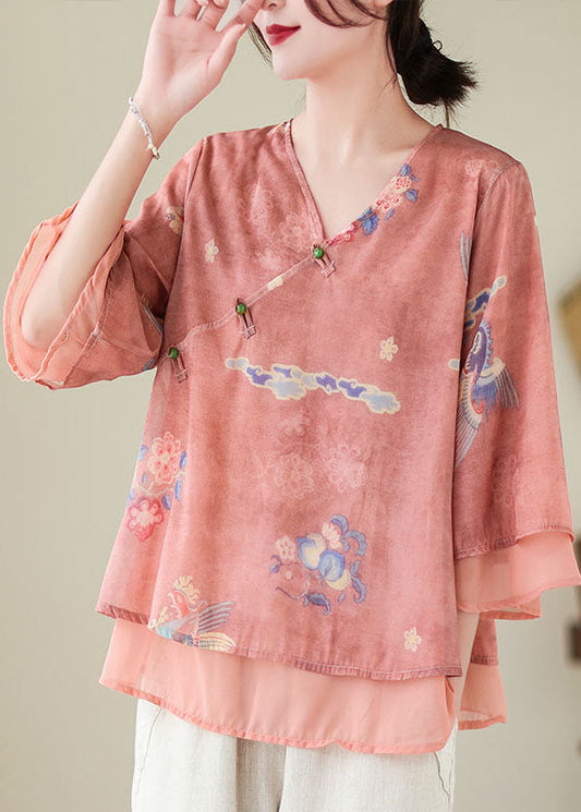 Red Print Patchwork Chiffon Shirt Top V Neck Butterfly Sleeve LY5293 - fabuloryshop