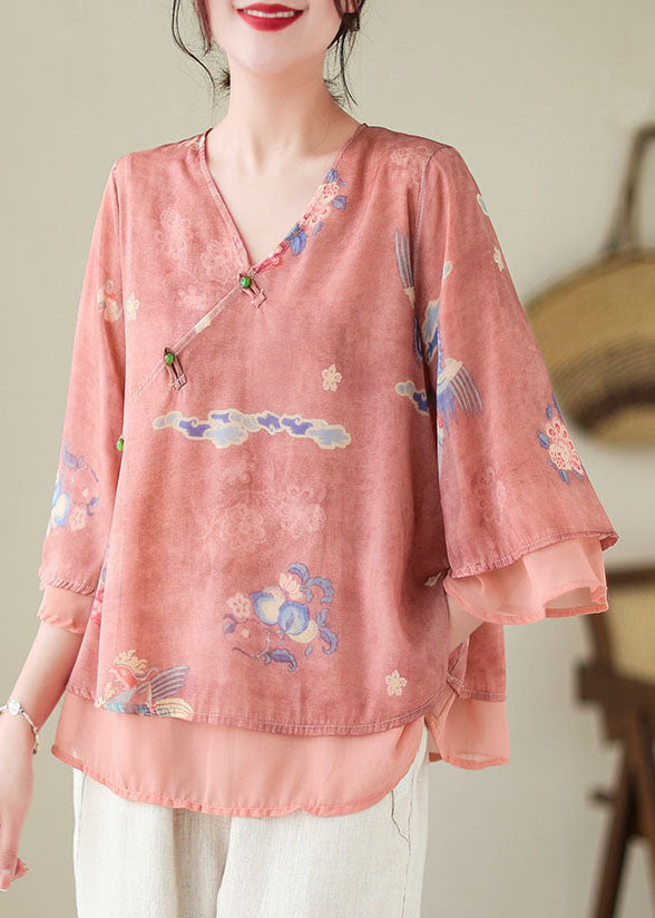 Red Print Patchwork Chiffon Shirt Top V Neck Butterfly Sleeve LY5293 - fabuloryshop