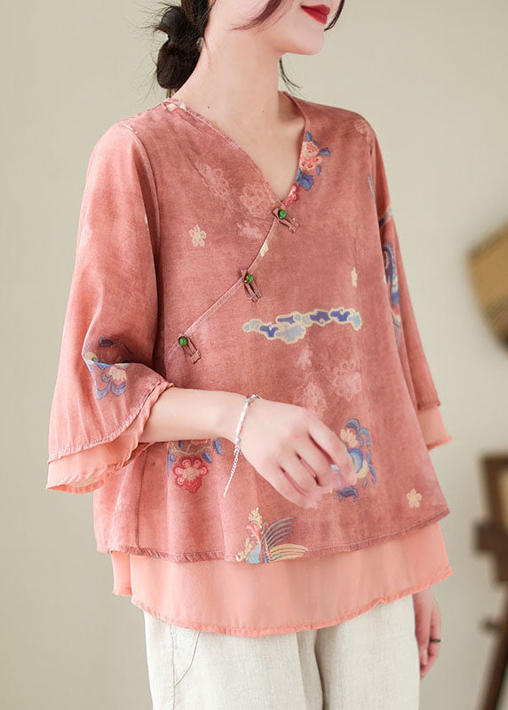 Red Print Patchwork Chiffon Shirt Top V Neck Butterfly Sleeve LY5293 - fabuloryshop