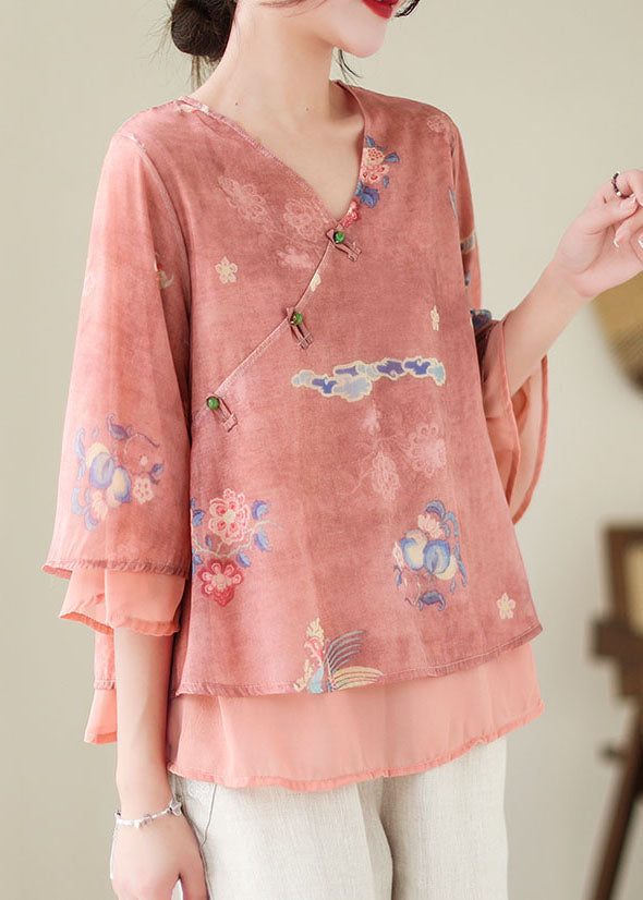 Red Print Patchwork Chiffon Shirt Top V Neck Butterfly Sleeve LY5293 - fabuloryshop