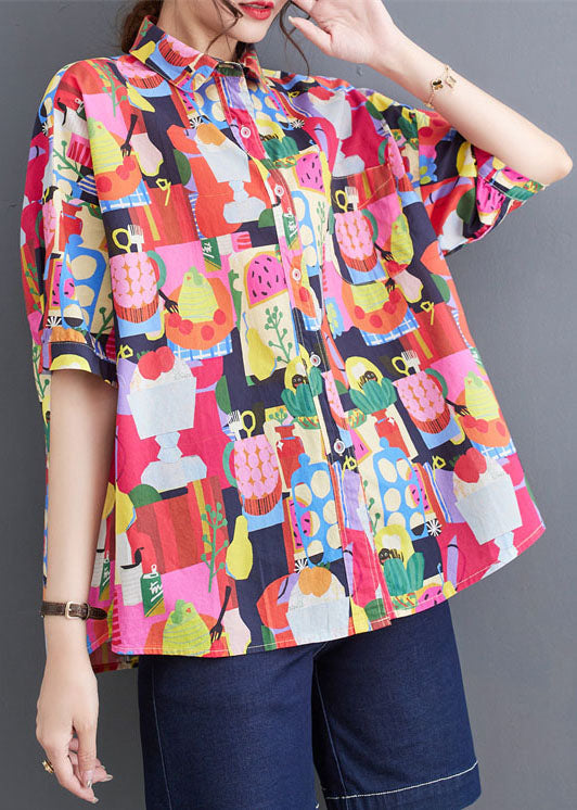 Red Print Patchwork Cotton Loose Blouses Peter Pan Collar Summer LY4984 - fabuloryshop