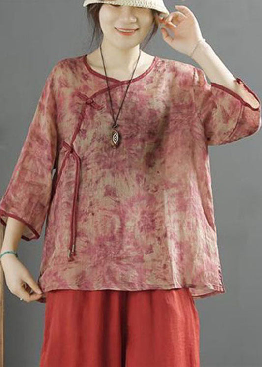 Red Print Patchwork Linen Top Tasseled Chinese Button Summer LY2515 - fabuloryshop