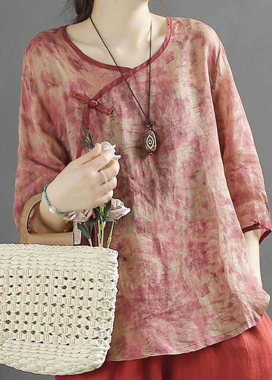Red Print Patchwork Linen Top Tasseled Chinese Button Summer LY2515 - fabuloryshop