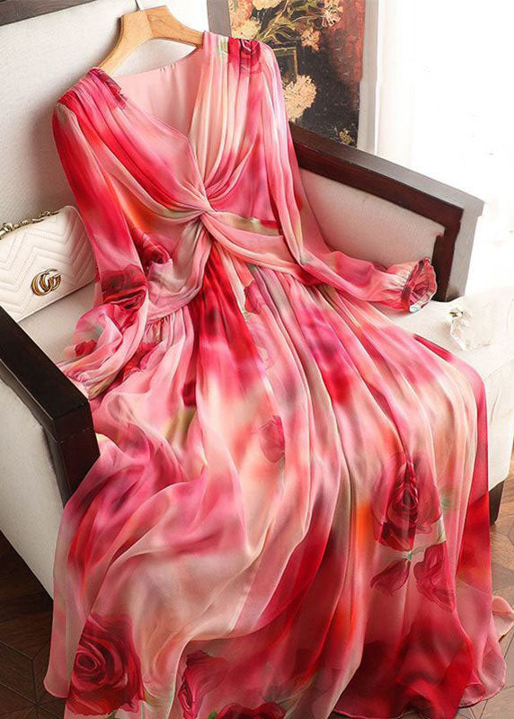 Red Print Patchwork Silk Dress V Neck Wrinkled Long Sleeve LY4431 - fabuloryshop