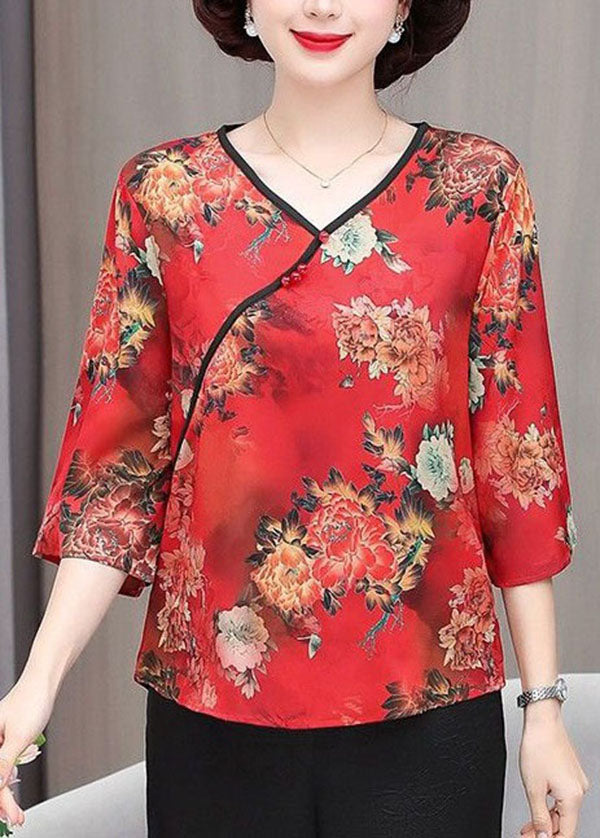 Red Print Patchwork Silk Top V Neck Bracelet Sleeve TI1007 - fabuloryshop