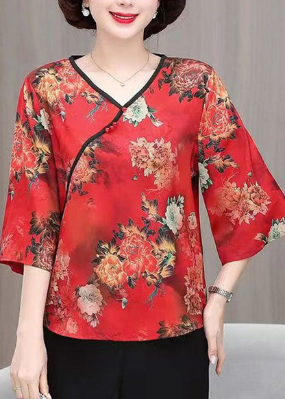 Red Print Patchwork Silk Top V Neck Bracelet Sleeve TI1007 - fabuloryshop