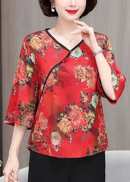 Red Print Patchwork Silk Top V Neck Bracelet Sleeve TI1007 - fabuloryshop