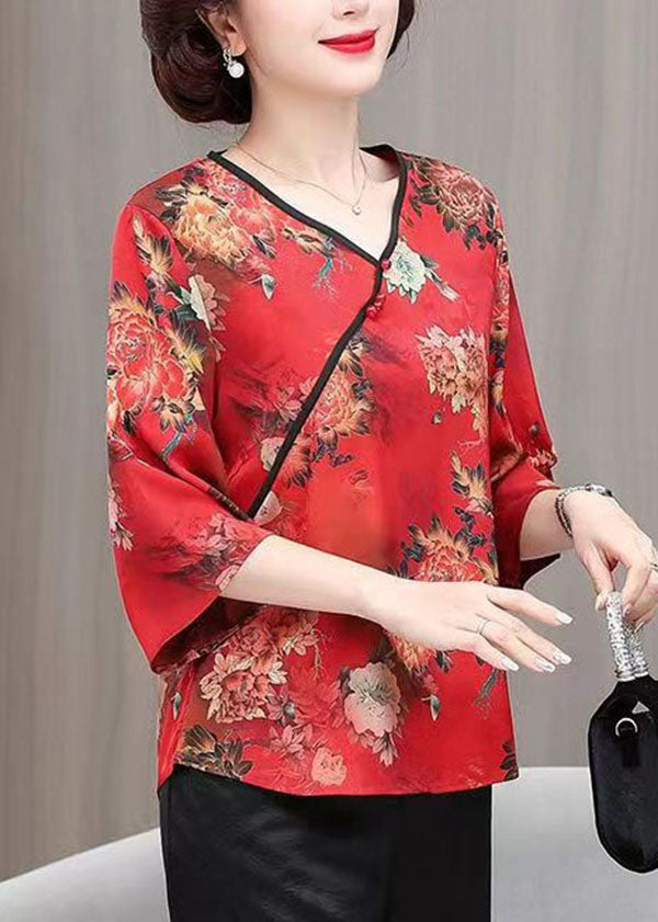 Red Print Patchwork Silk Top V Neck Bracelet Sleeve TI1007 - fabuloryshop