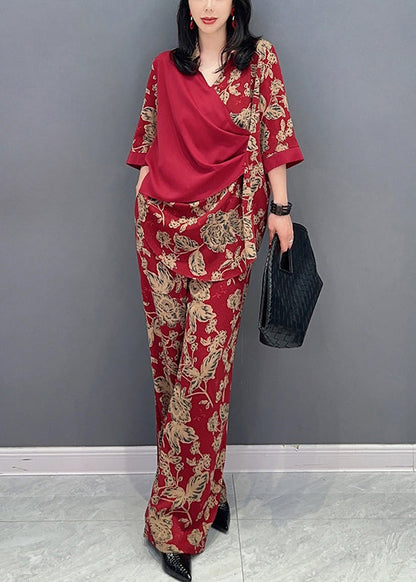 Red Print Patchwork Top And Wide Leg Pants Two Pieces Set Long Sleeve LC0308 - fabuloryshop