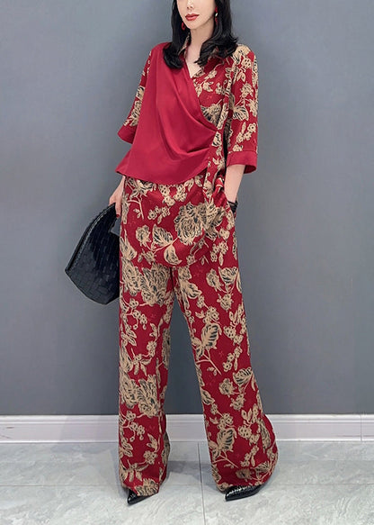 Red Print Patchwork Top And Wide Leg Pants Two Pieces Set Long Sleeve LC0308 - fabuloryshop