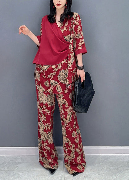 Red Print Patchwork Top And Wide Leg Pants Two Pieces Set Long Sleeve LC0308 - fabuloryshop